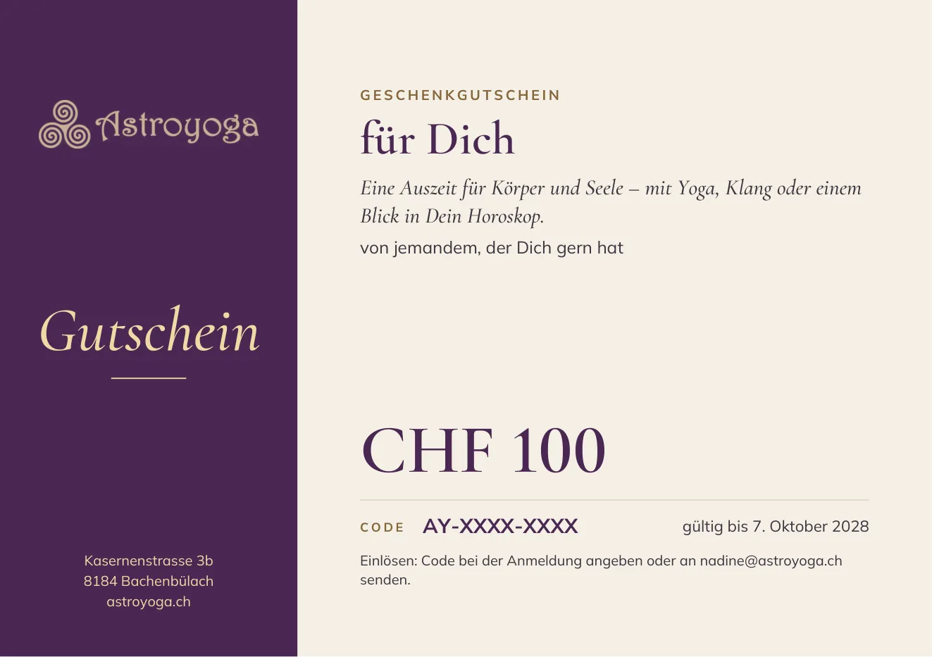 Beispiel eines Astroyoga-Gutscheins mit Widmung, Betrag und Code