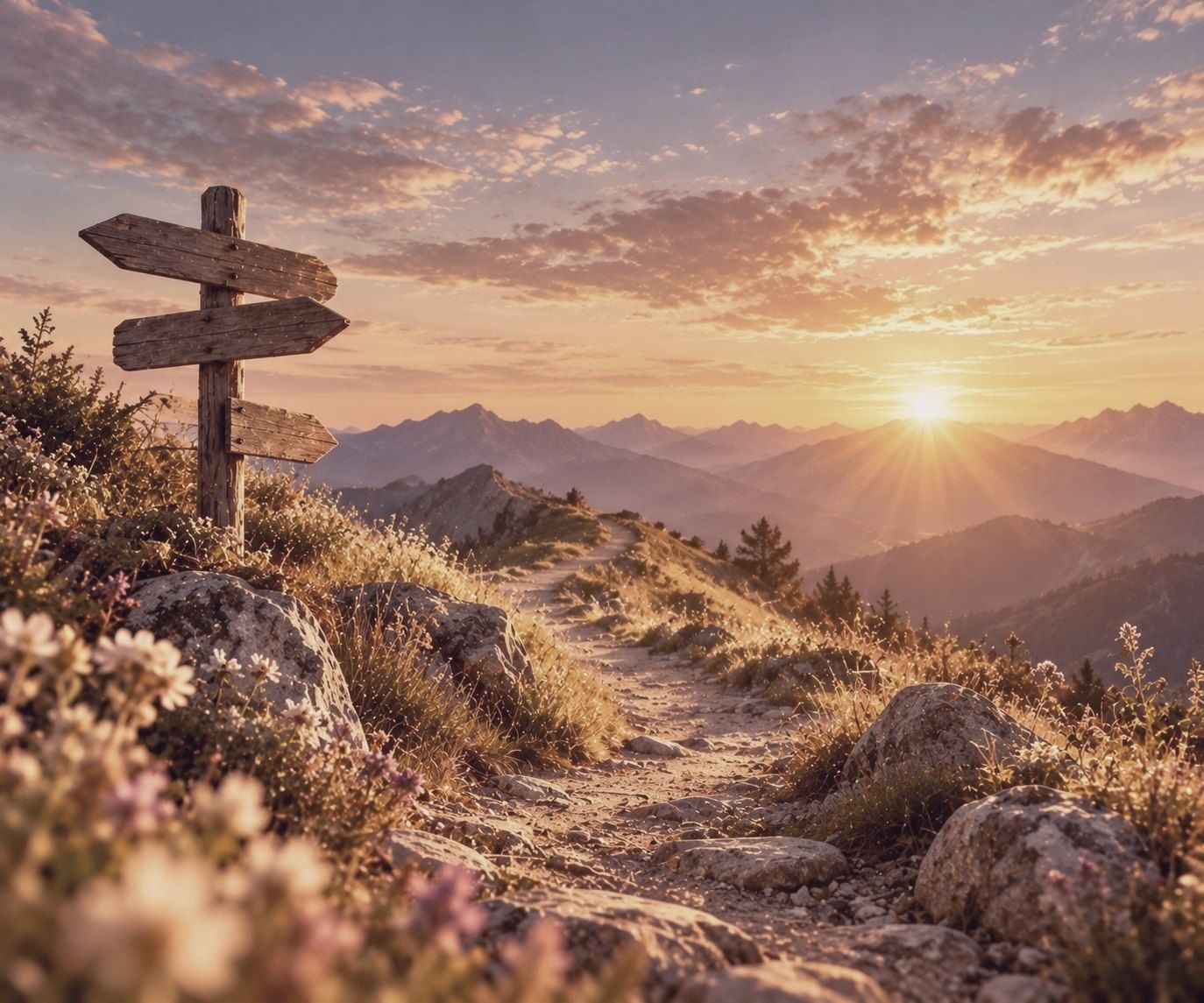 Wegweiser an einem Bergweg im Sonnenaufgang