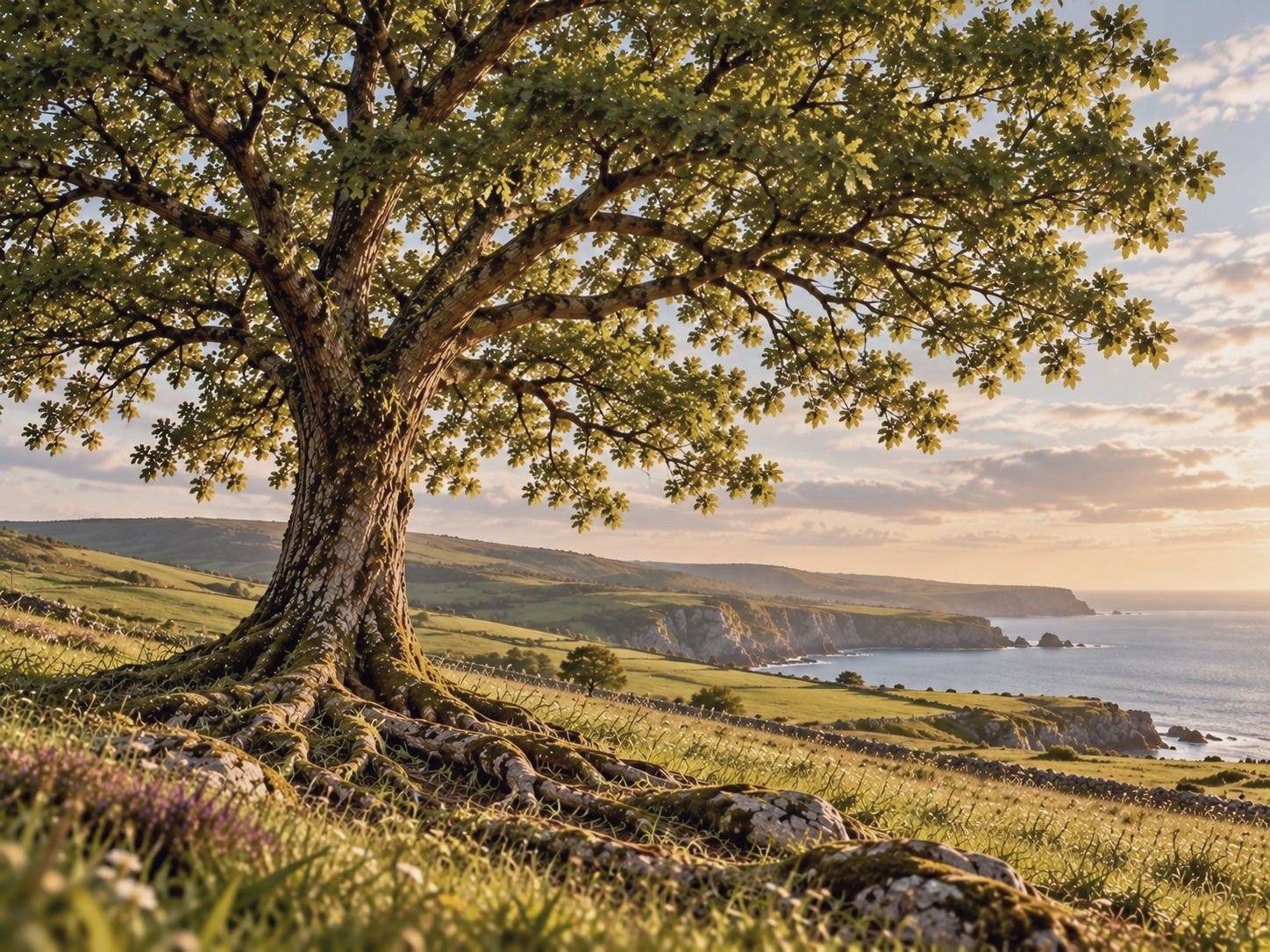 Alter Baum mit kräftigen Wurzeln auf einer Wiese über der Küste im Abendlicht