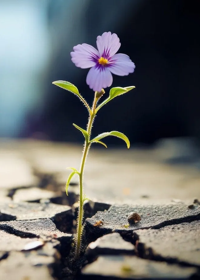 Zarte Blume wächst aus einem Riss im Asphalt